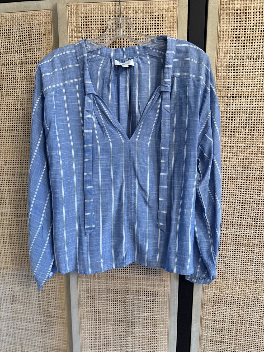 Evereve Blue Striped V-Neck Peasant Blouse